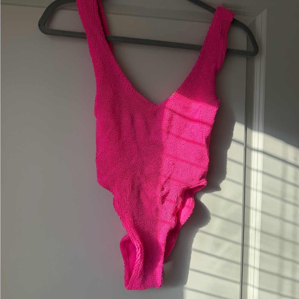 Women's Textured V‑Neck One‑Piece Swimsuit in Hot Pink